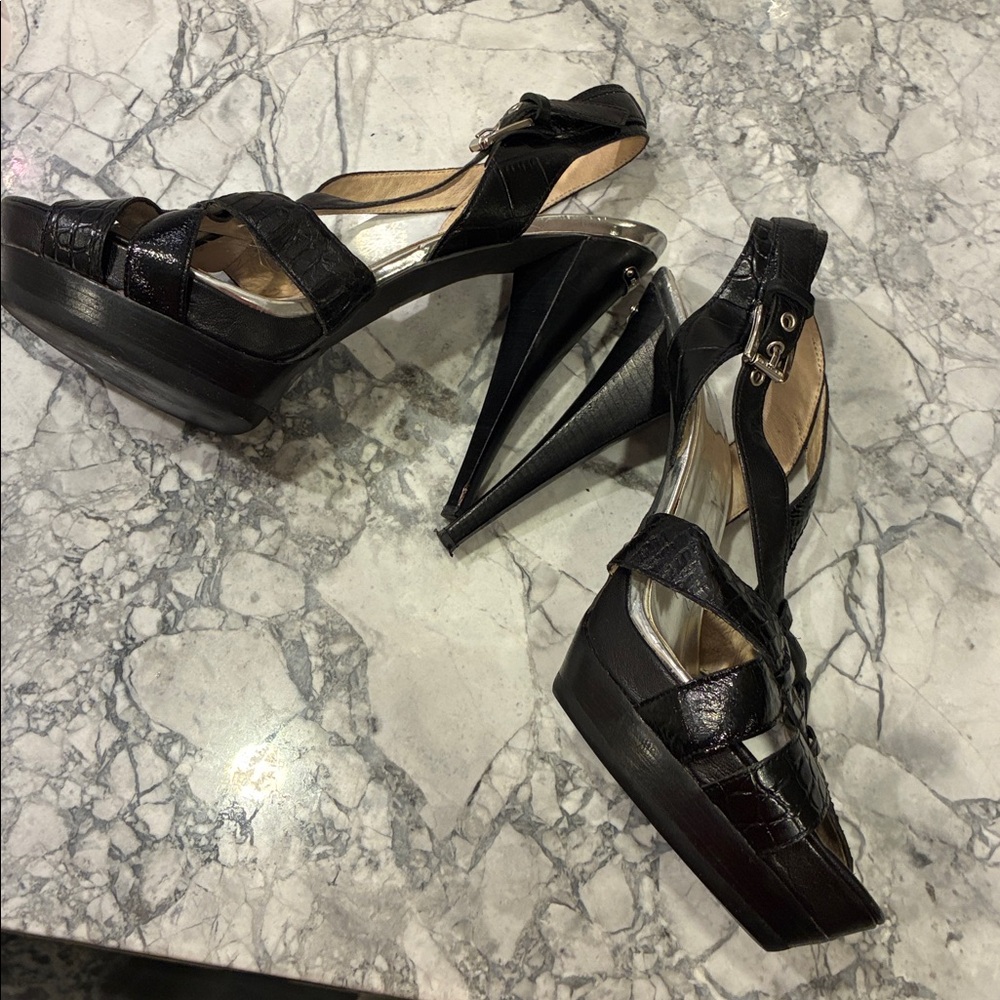 MICHAEL Michael Kors Black Croc-Embossed Platform Slingback Heels - Picture 7 of 16